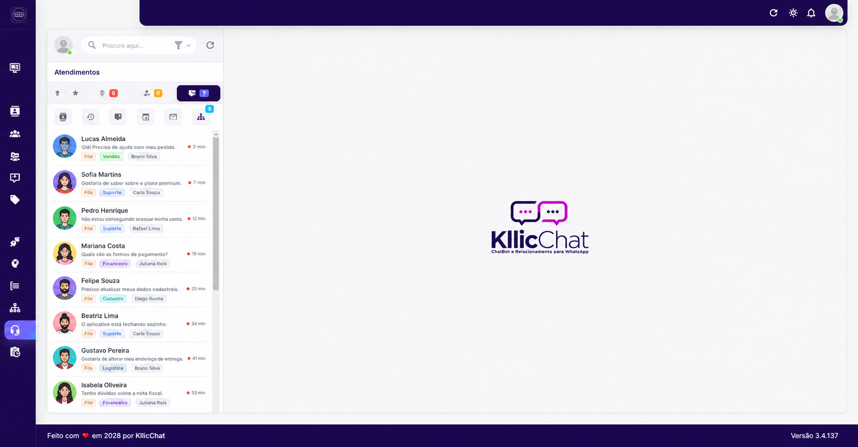 Caixa de entrada do KllicChat com a lista de atendimentos e supervisão das conversas em tempo real.